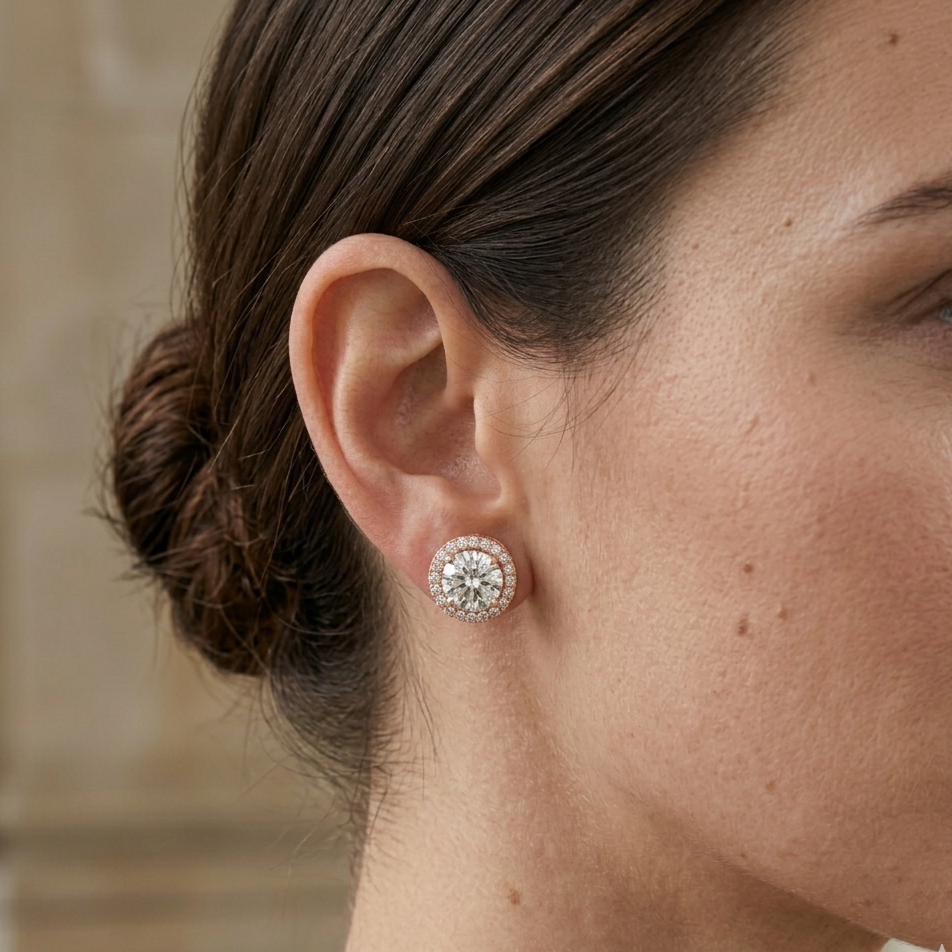 Close-up of a woman wearing a diamond earring with a neutral background