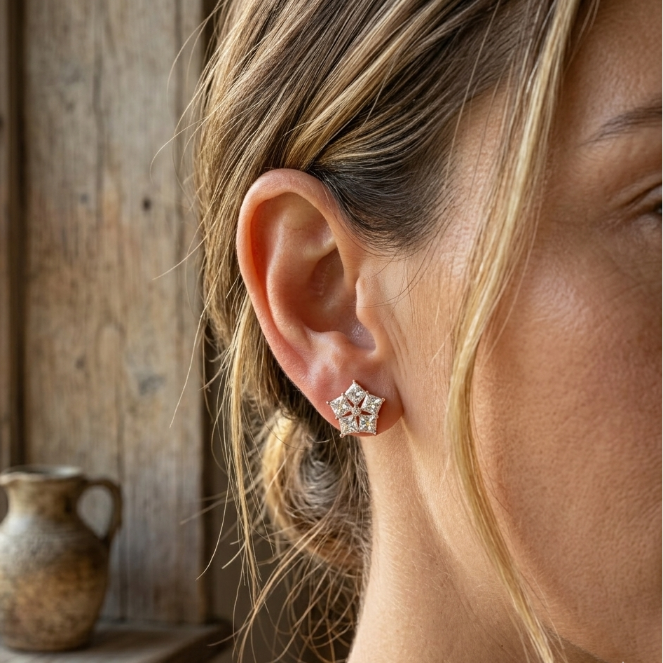 Close-up of a woman wearing star-shaped earrings with a wooden background