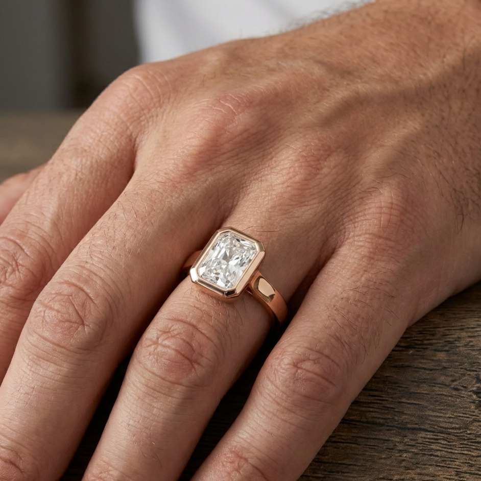 Rose gold ring with a diamond on a hand against a wooden background