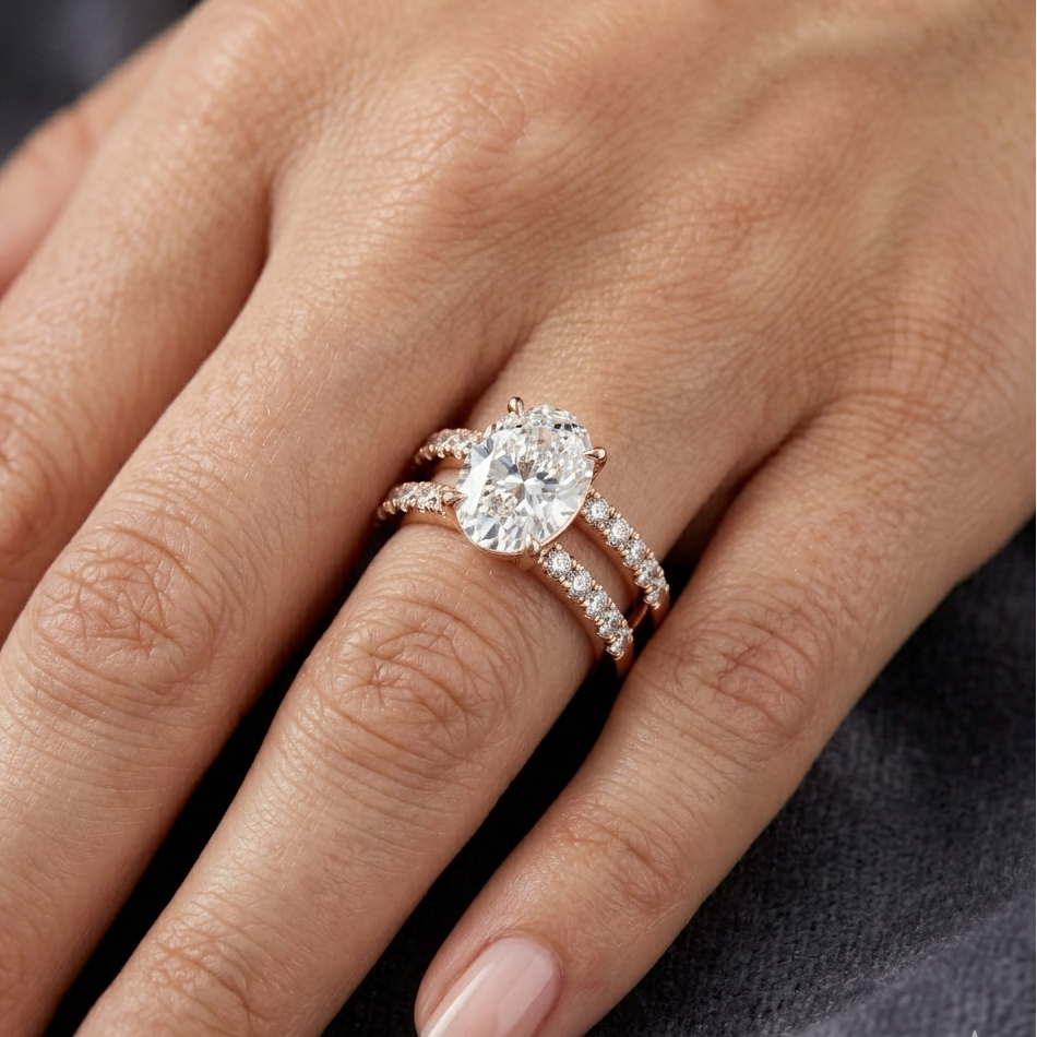 Rose gold diamond ring on a hand against a dark background