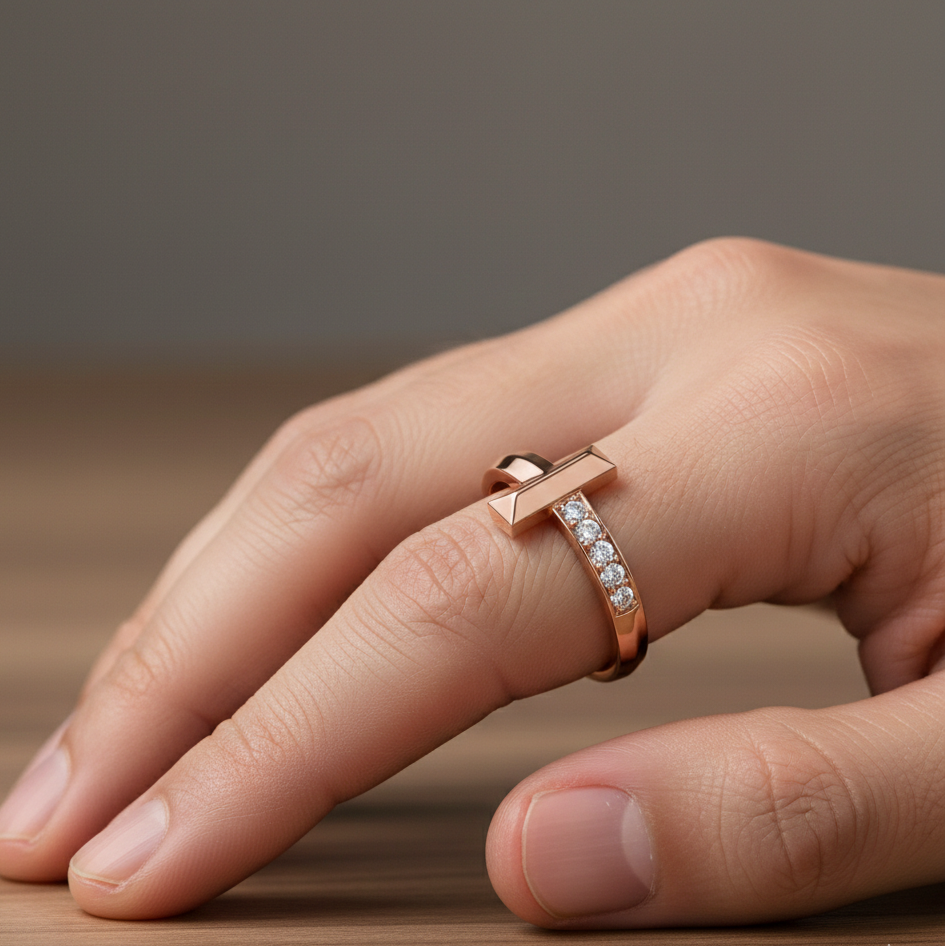 Hand wearing a rose gold ring with a cross design on a wooden surface