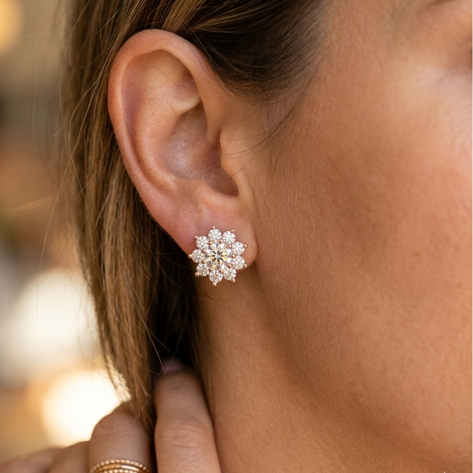Close-up of a person wearing a diamond earring with a blurred background