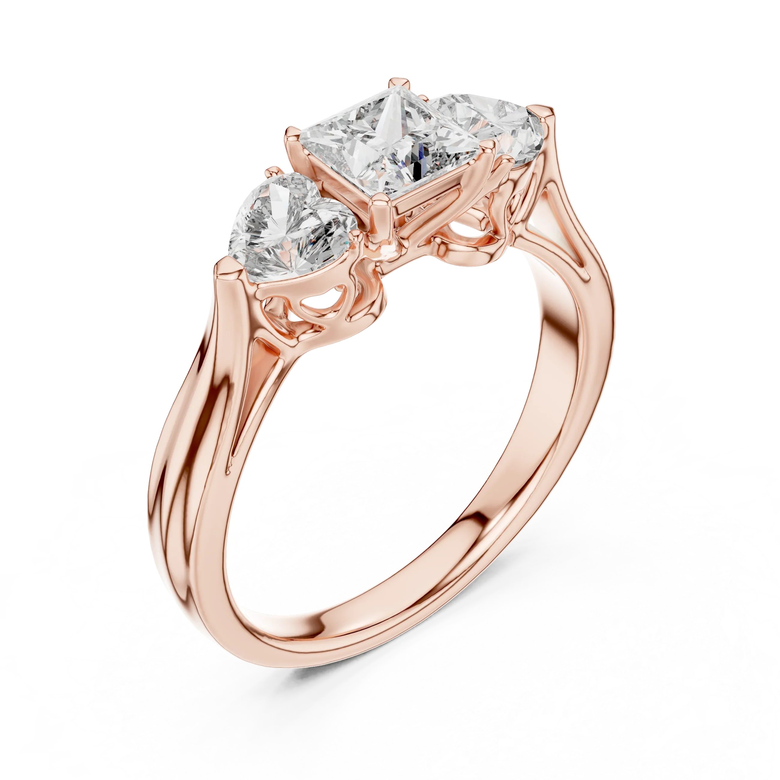 Rose Gold Engagement Ring with Princess Center and Heart Side Stones – 45 Angle