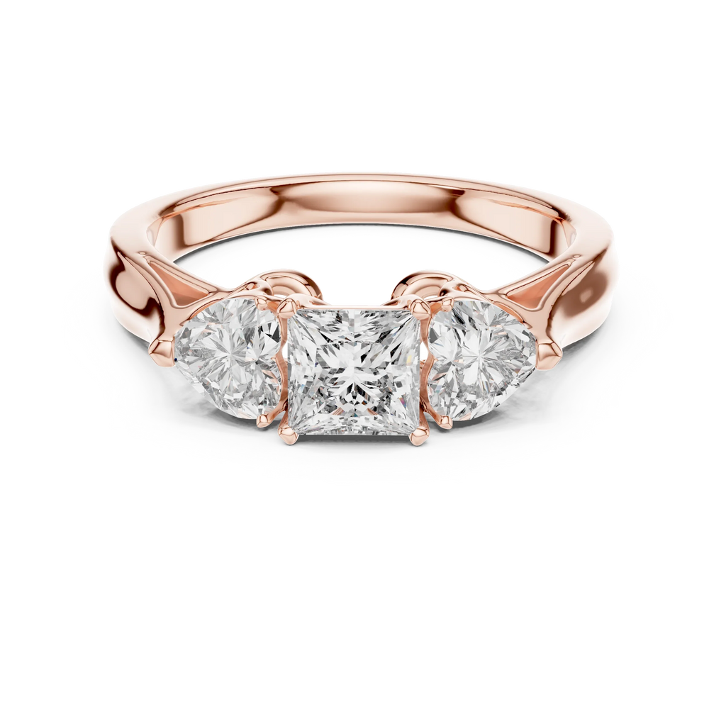 Rose Gold Princess and Heart Three Stone Ring – 1.27ct Moissanite – Front View