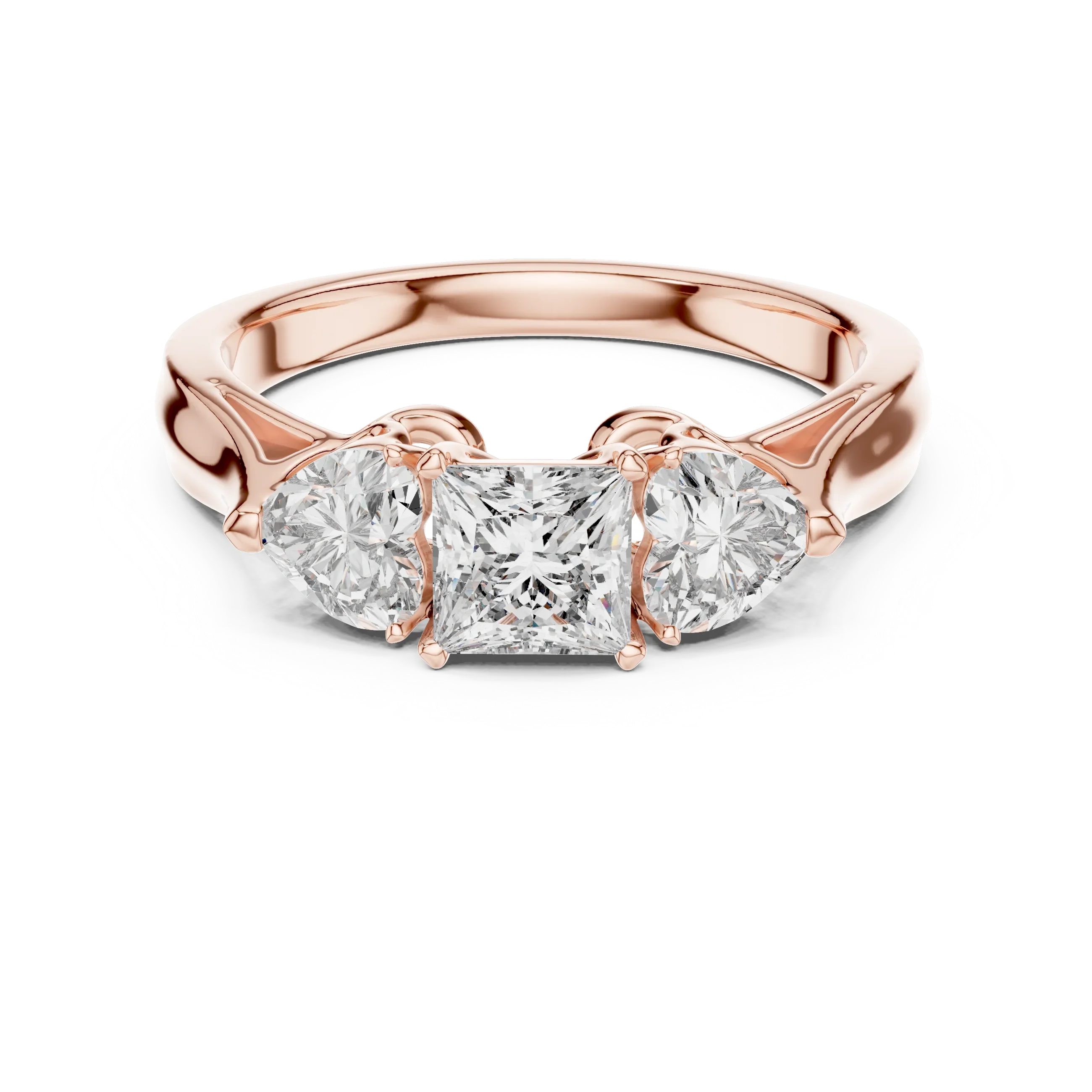 Rose Gold Princess and Heart Three Stone Ring – 1.27ct Moissanite – Front View