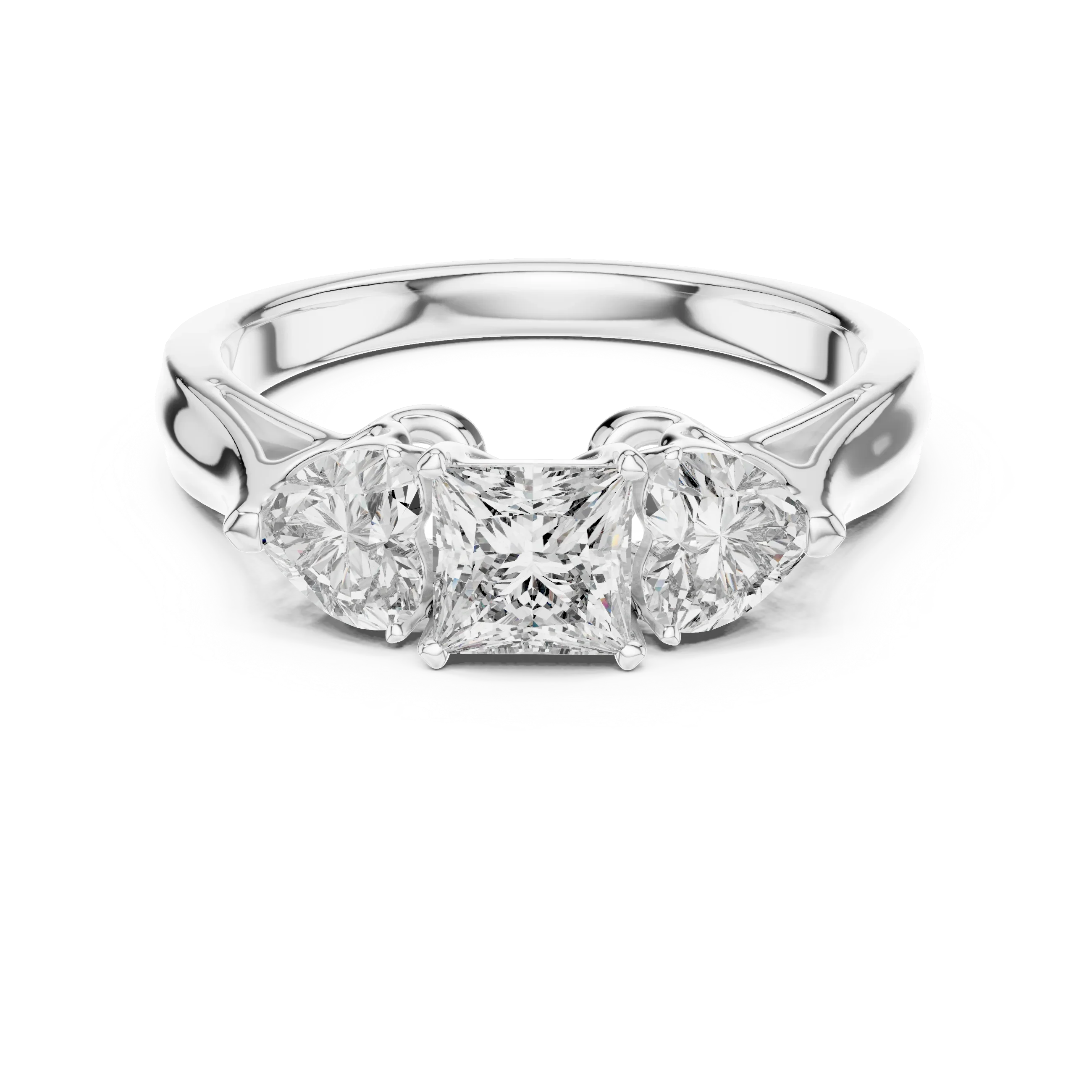 Princess and Heart Three Stone Ring in White Gold – 1.27ct Moissanite – Front View