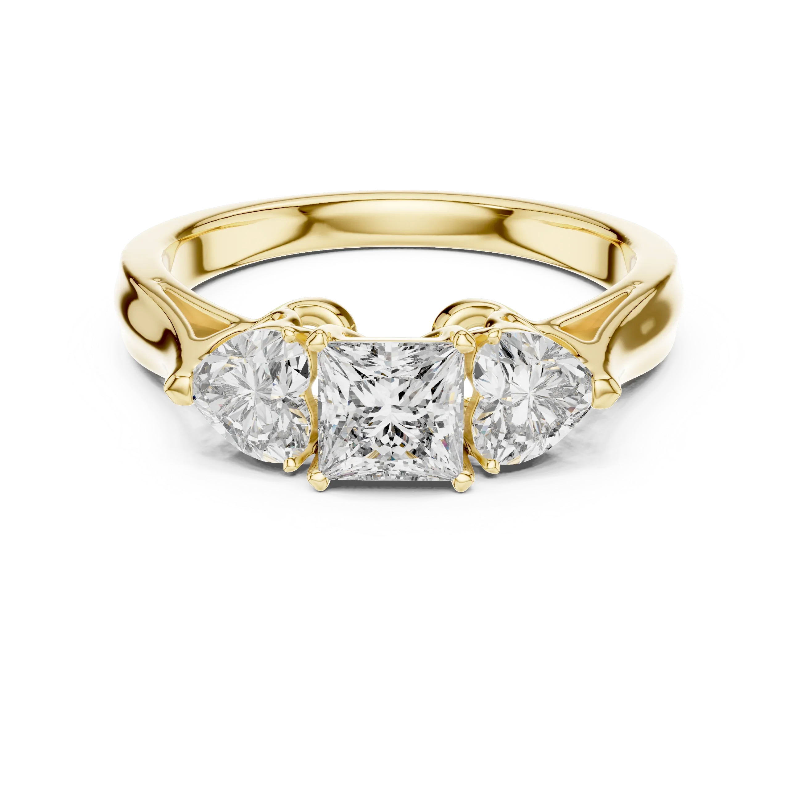 Princess Cut Center with Heart Side Stones Ring in Yellow Gold – Front View – 1.27ct Moissanite
