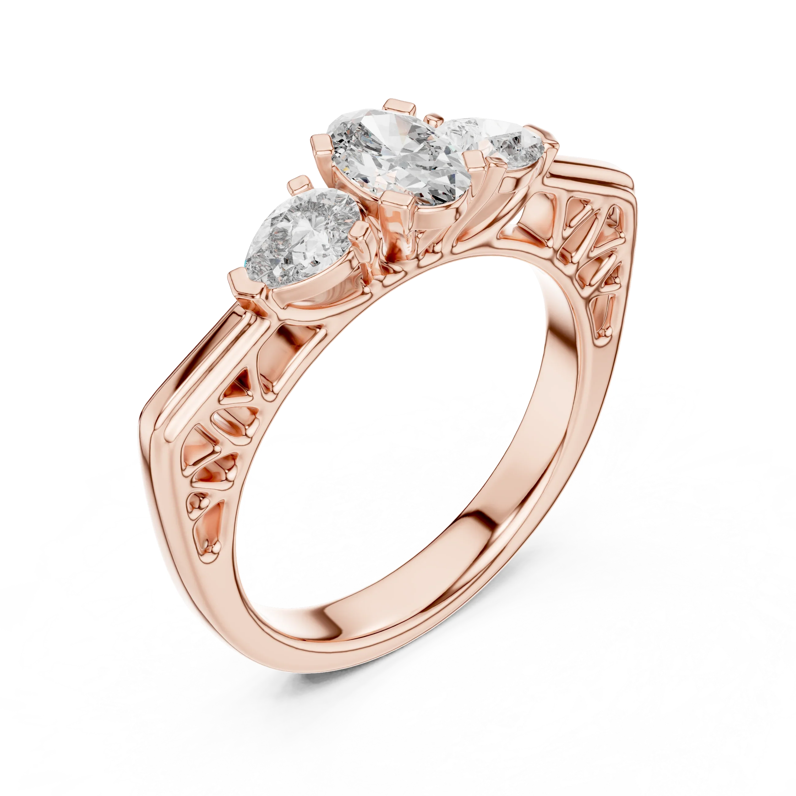 Top View 1 Carat Oval and Pear Three Stone Ring in Rose Gold