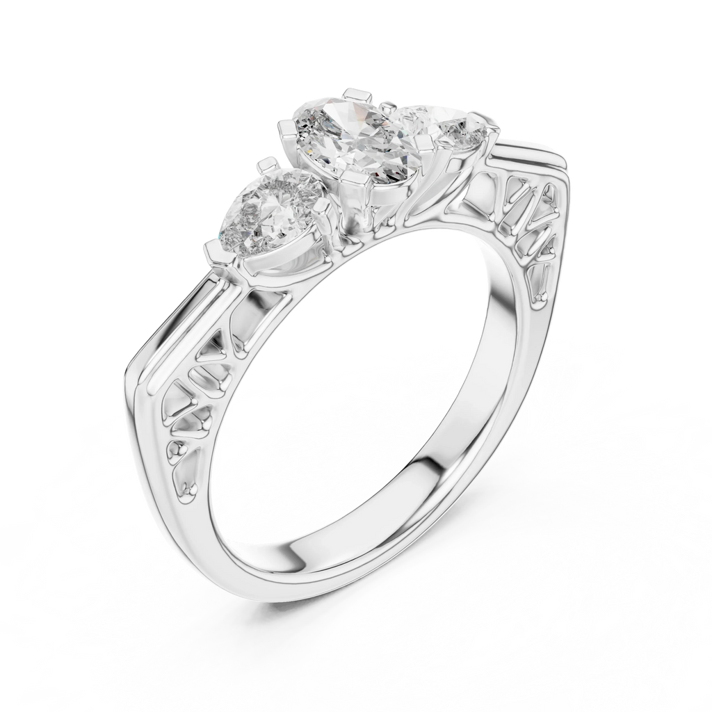 Top View 1 Carat Oval and Pear Three Stone Ring in White Gold