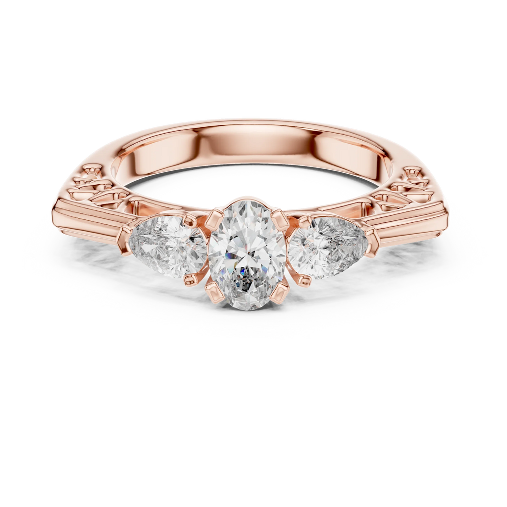 1.00ct Oval and Pear Three Stone Moissanite Ring in Rose Gold – Front View