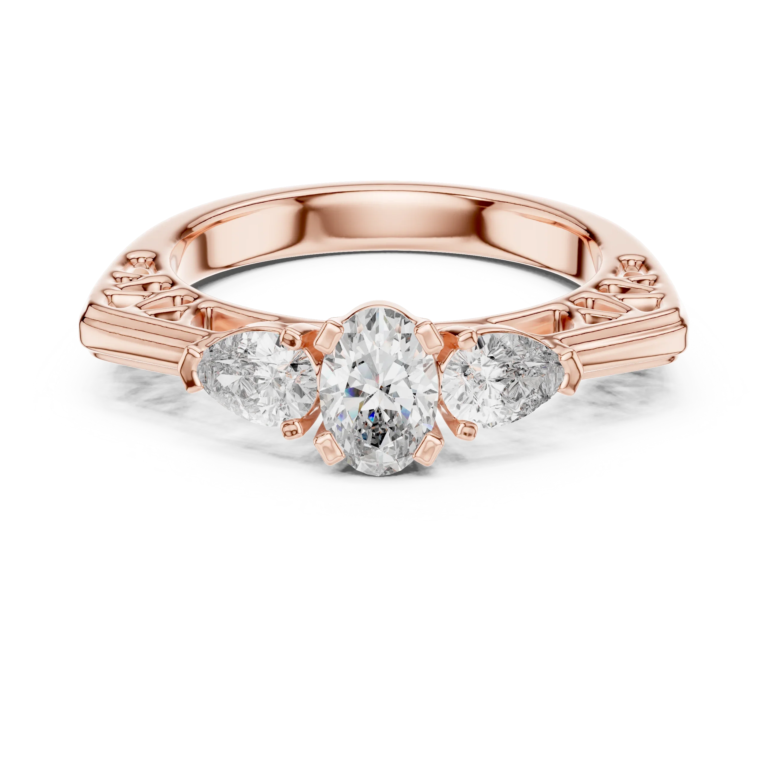 1.00ct Oval and Pear Three Stone Moissanite Ring in Rose Gold – Front View