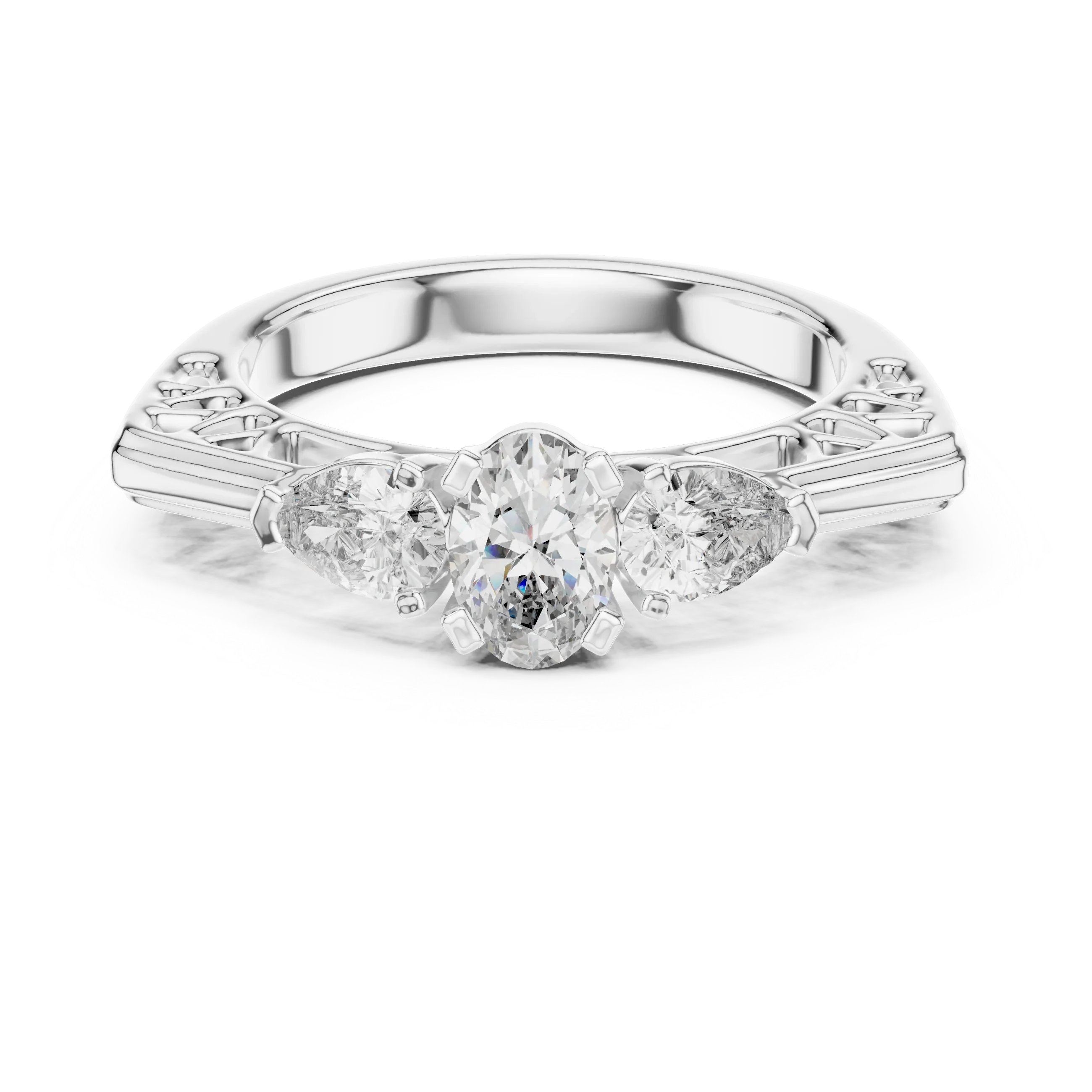 1.00ct Oval and Pear Three Stone Moissanite Ring in White Gold – Front View