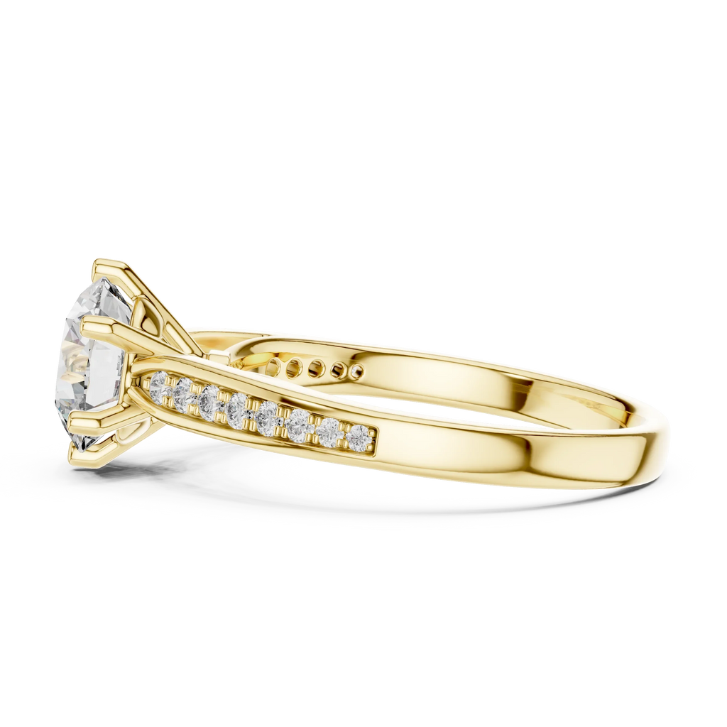 Side profile of yellow gold solitaire ring showing prong setting and slim shank