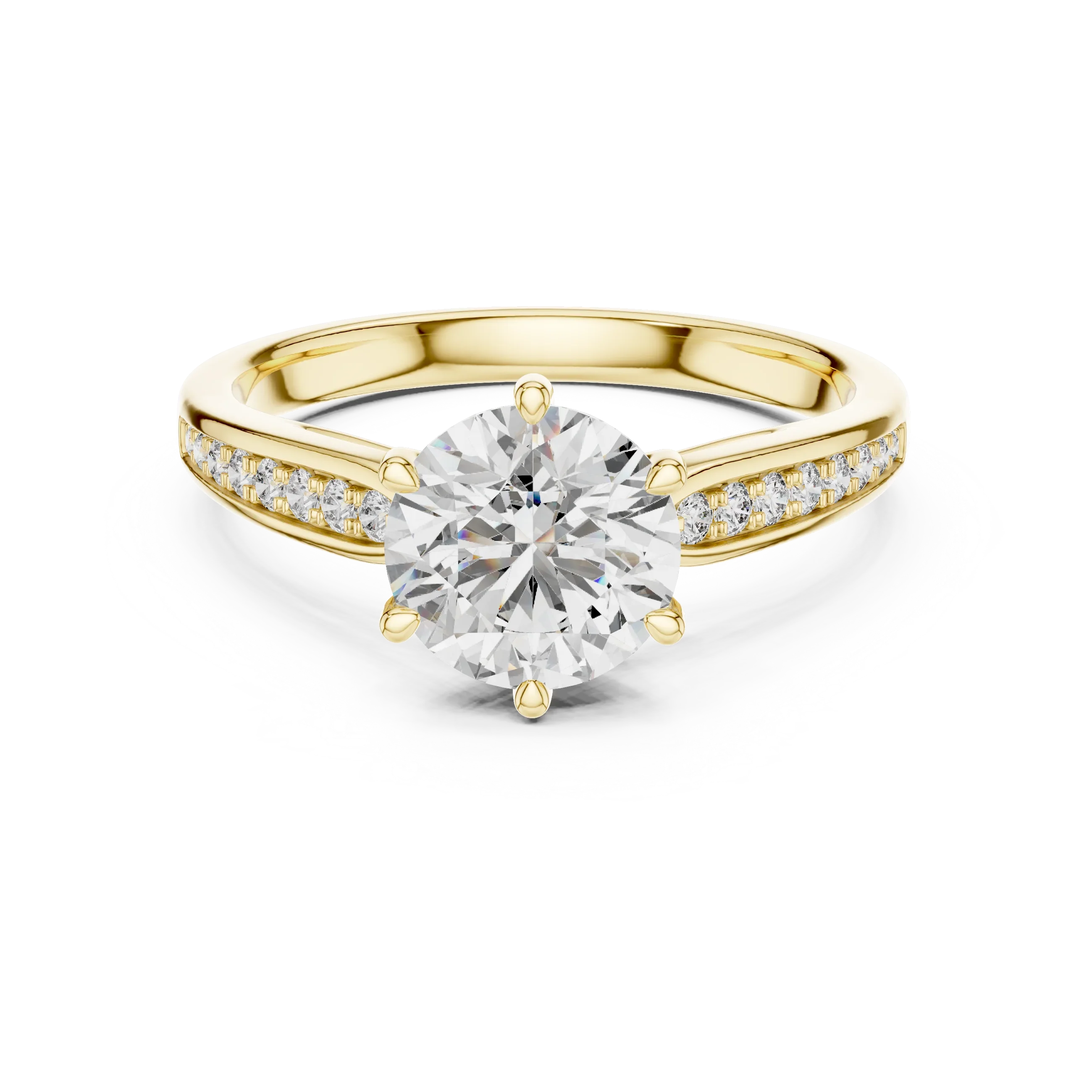 Mozow X yellow gold moissanite solitaire ring front view with pavé band sparkle