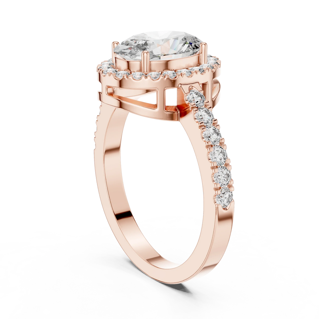Angled perspective rose gold halo solitaire ring luxury studio photography