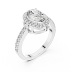 Top view white gold oval moissanite ring symmetrical halo design
