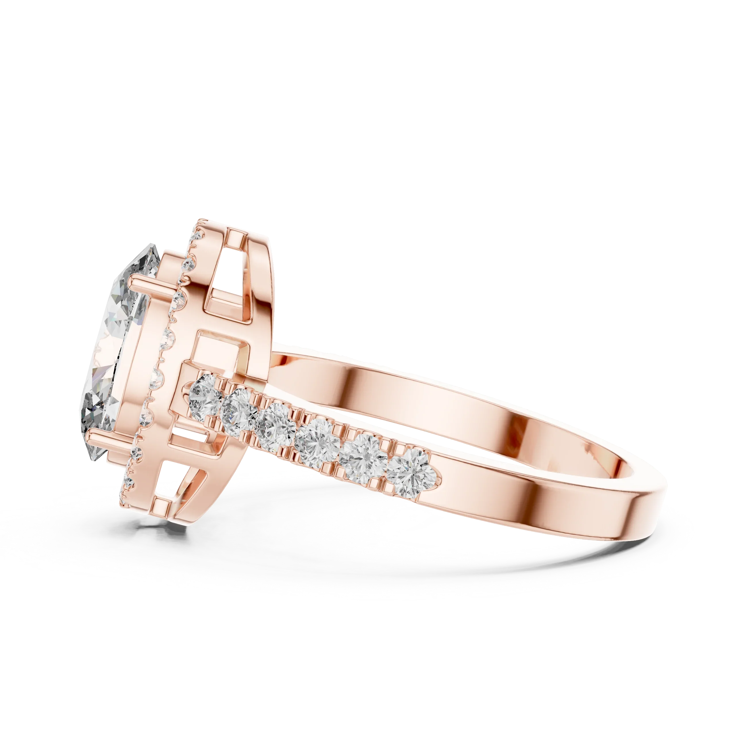 Side profile of rose gold pavé band ring showing elevated oval center stone