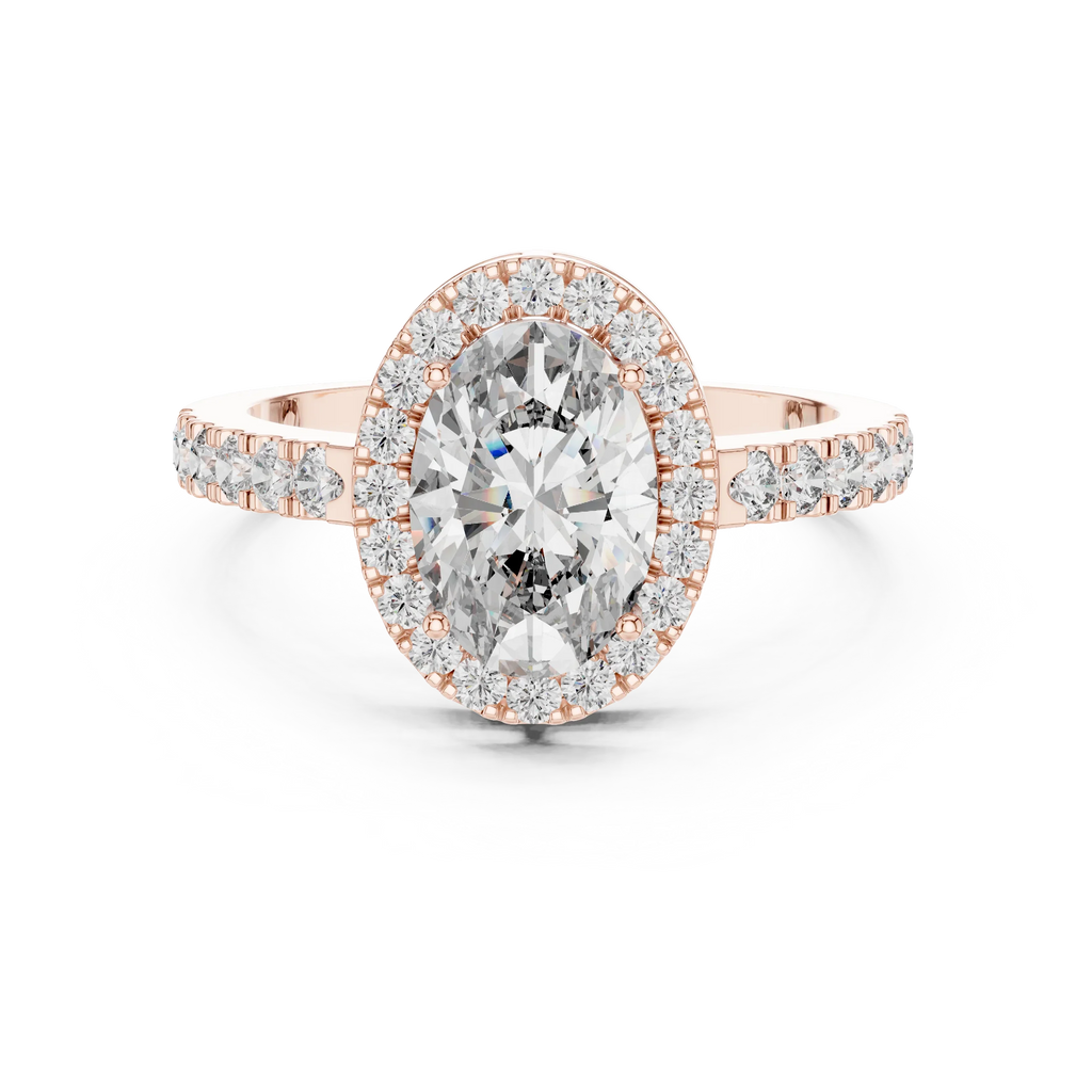 Rose gold oval halo moissanite engagement ring front view with sparkling halo