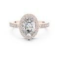 Rose gold oval halo moissanite engagement ring front view with sparkling halo