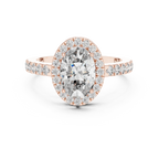 Rose gold oval halo moissanite engagement ring front view with sparkling halo