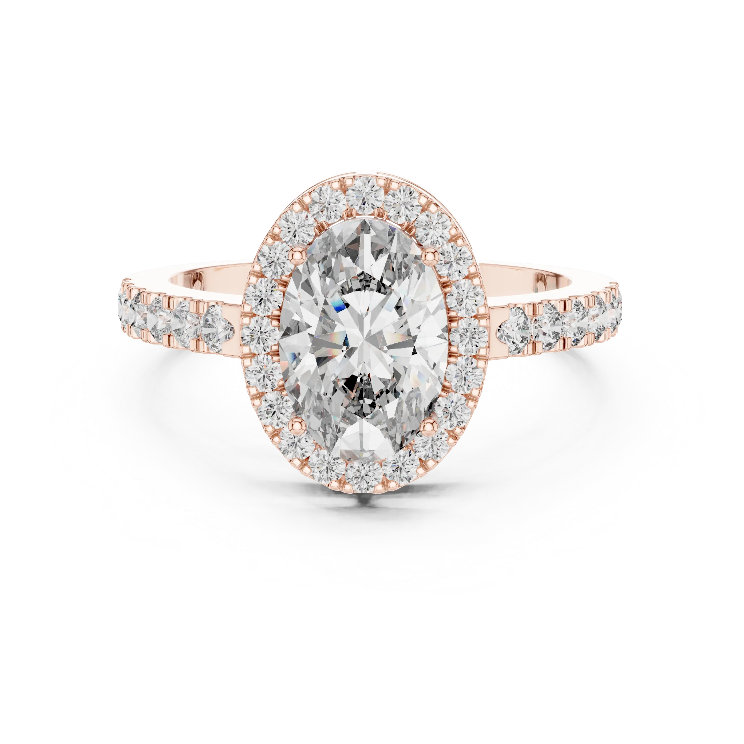 Rose gold oval halo moissanite engagement ring front view with sparkling halo
