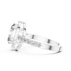 White gold solitaire halo ring side angle showing prong setting