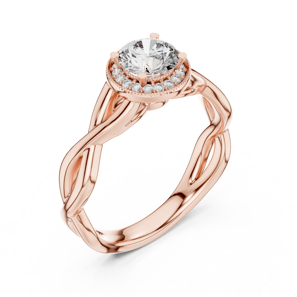 Modern rose gold infinity style moissanite ring with pavé halo detailing