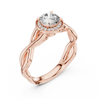 Modern rose gold infinity style moissanite ring with pavé halo detailing