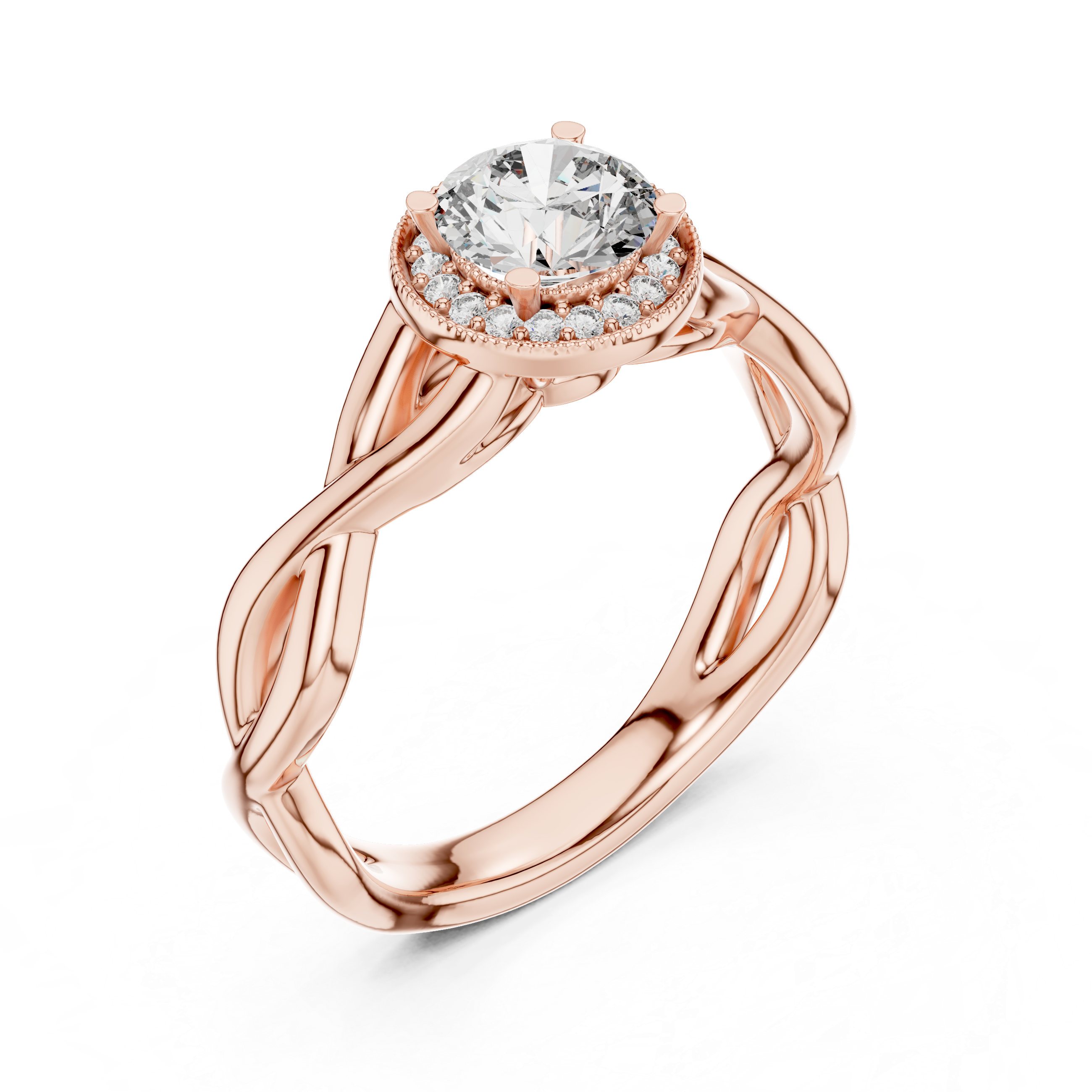 Modern rose gold infinity style moissanite ring with pavé halo detailing