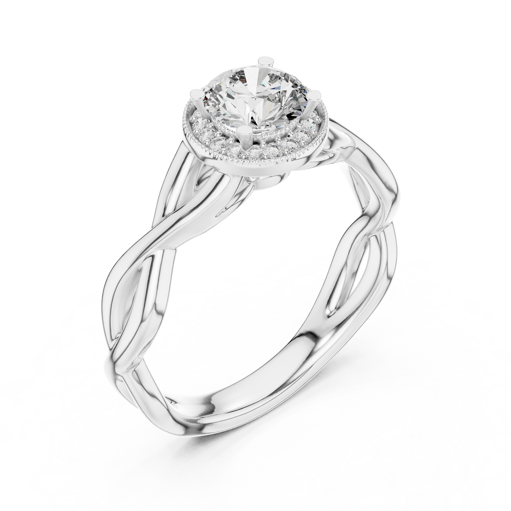 Elegant white gold infinity band moissanite engagement ring perspective view