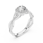 Elegant white gold infinity band moissanite engagement ring perspective view