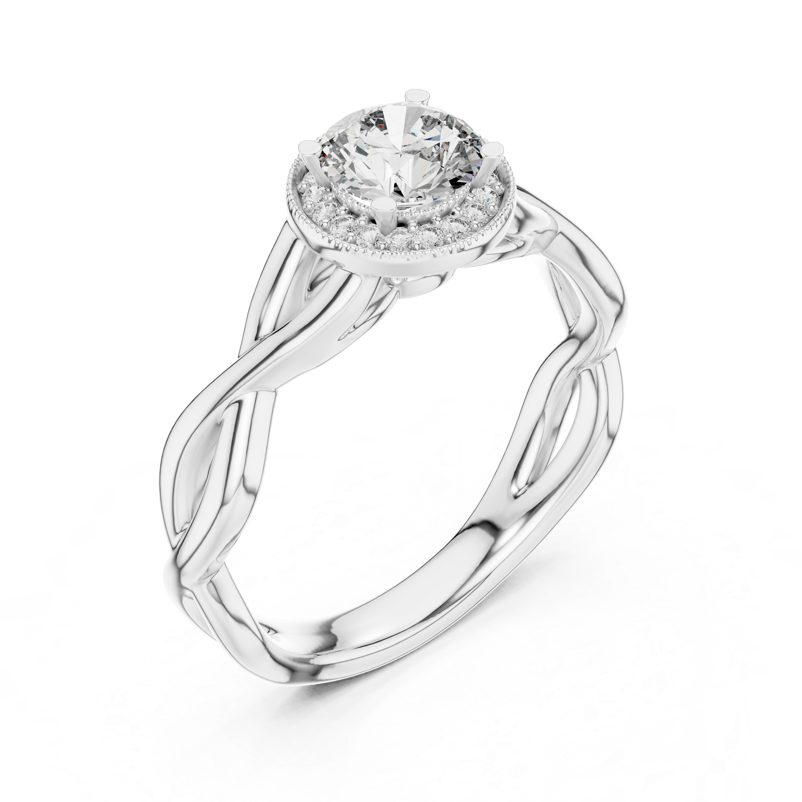 Elegant white gold infinity band moissanite engagement ring perspective view