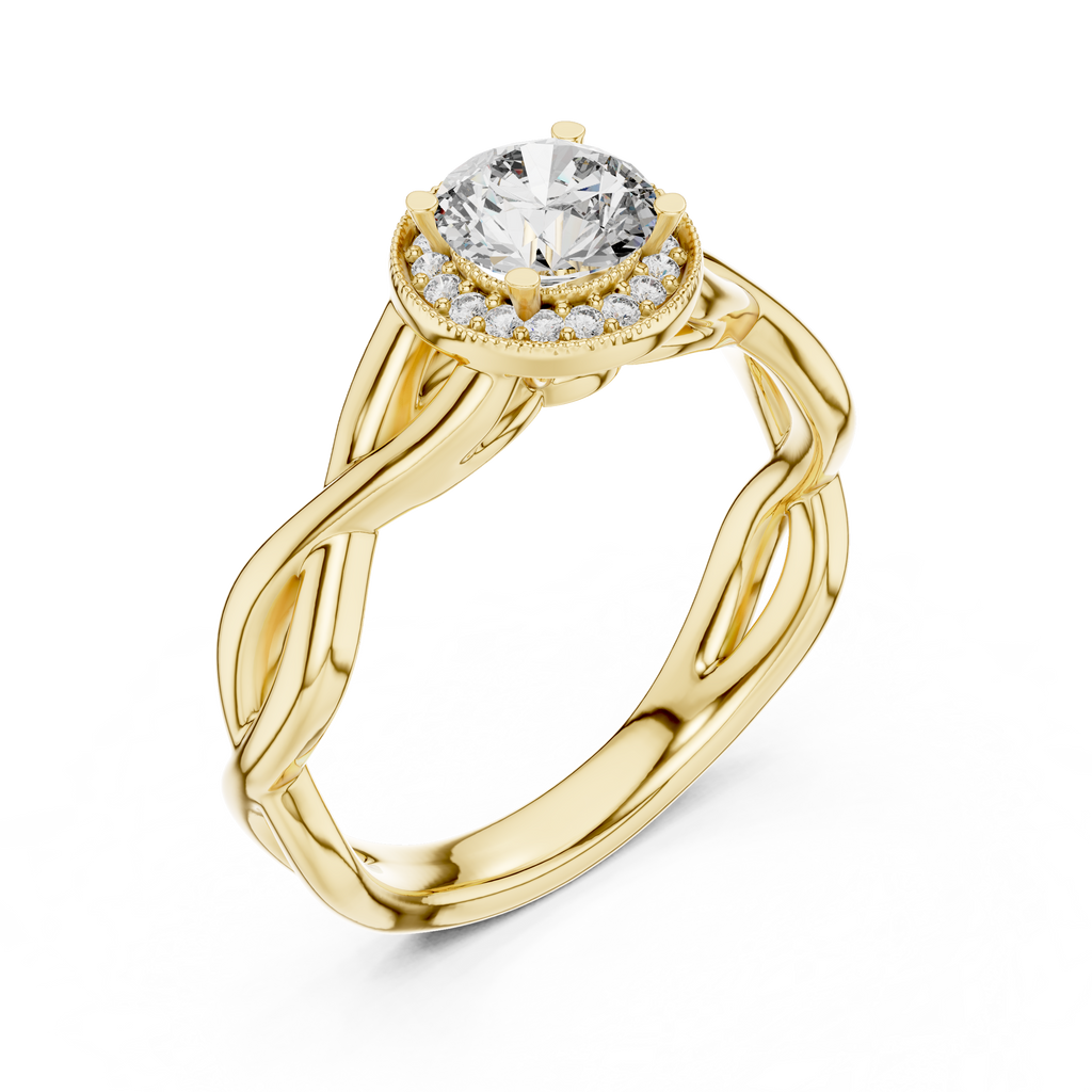 Modern yellow gold halo moissanite ring sculpted twist band