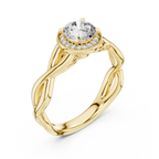 Modern yellow gold halo moissanite ring sculpted twist band