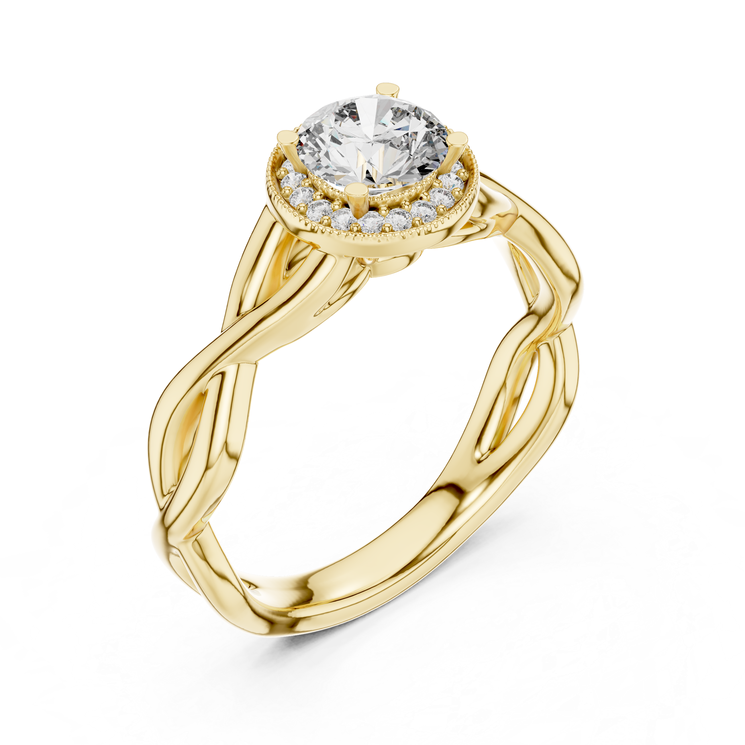 Modern yellow gold halo moissanite ring sculpted twist band