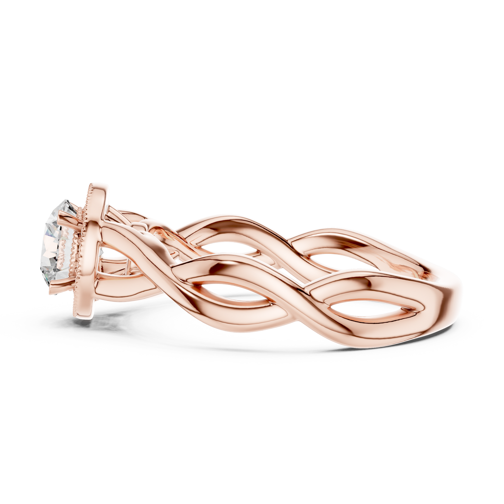 Twisted infinity rose gold moissanite halo ring side profile with round center stone