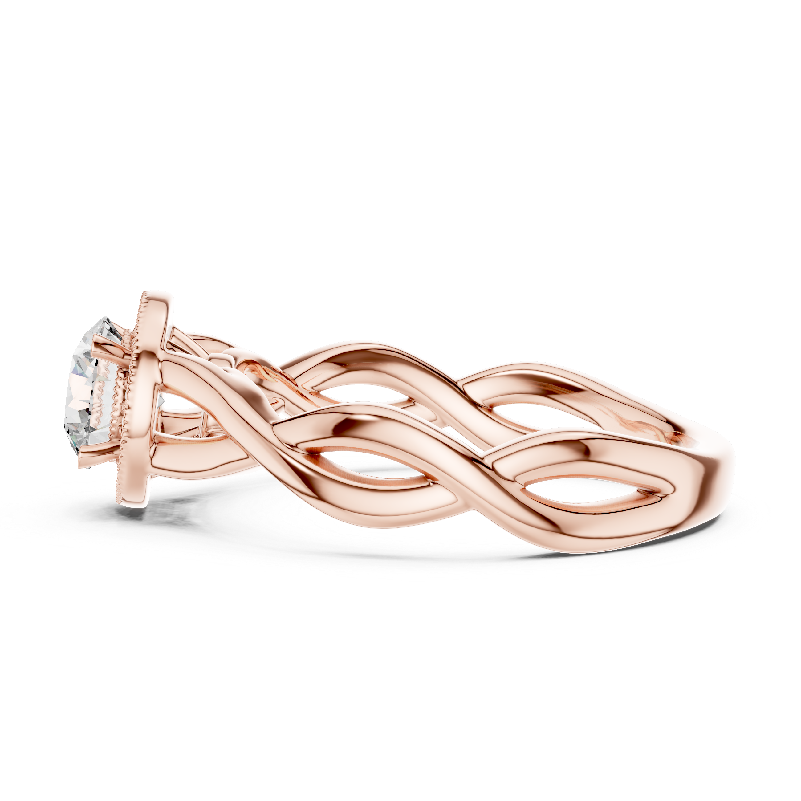 Twisted infinity rose gold moissanite halo ring side profile with round center stone