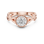 Rose gold round moissanite halo engagement ring with twisted band design