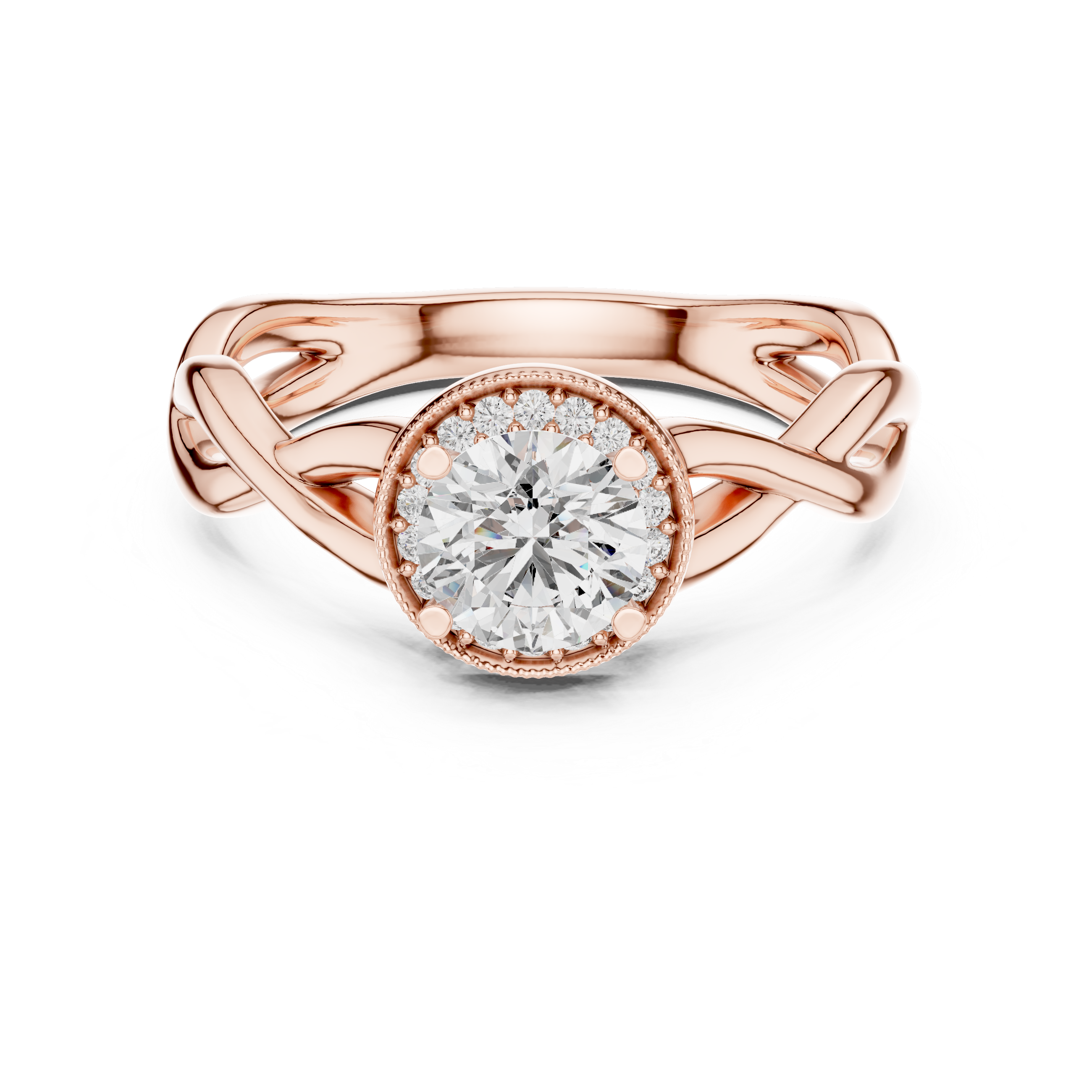 Rose gold round moissanite halo engagement ring with twisted band design
