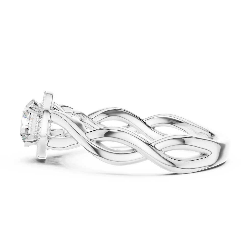 White gold twisted infinity moissanite halo ring side angle close up