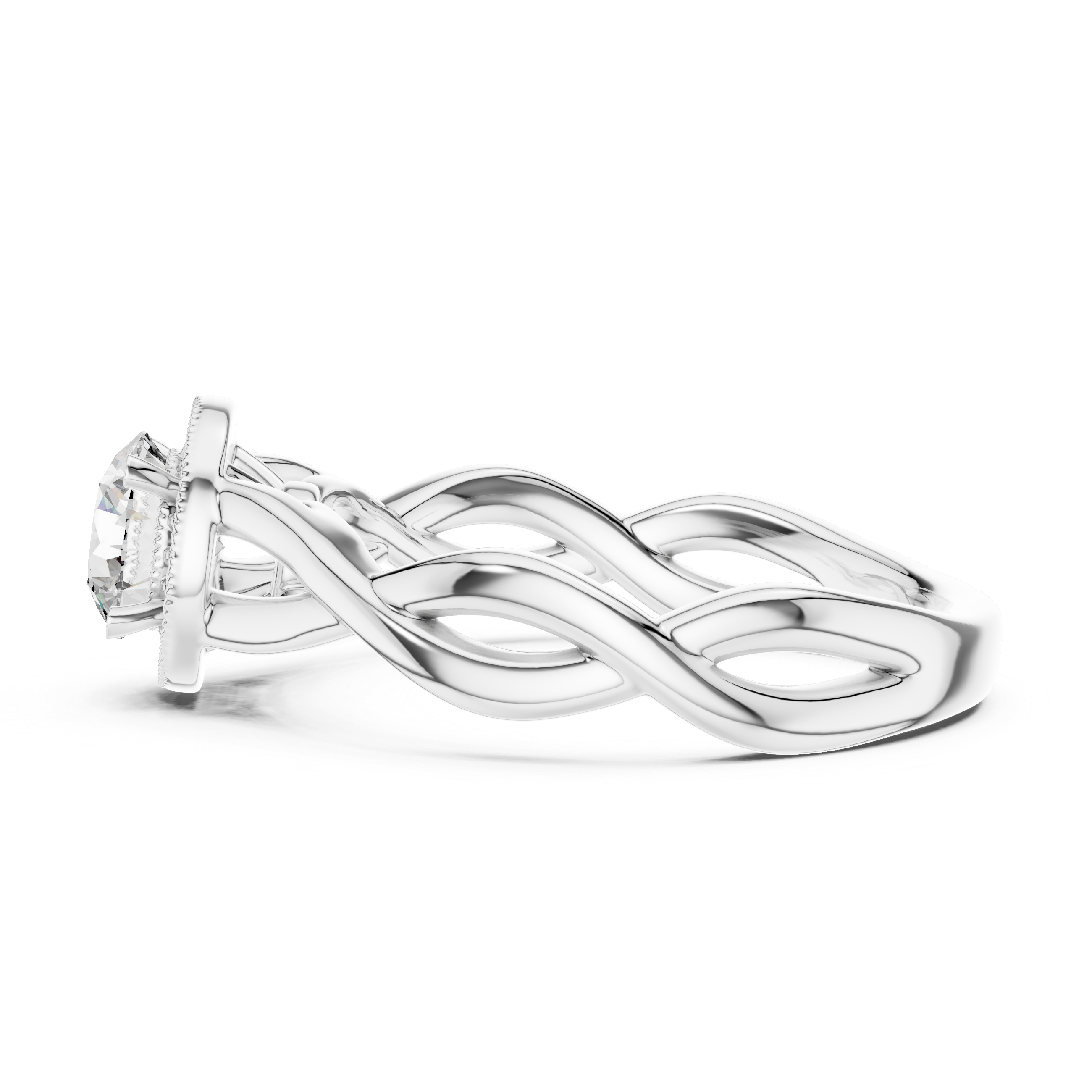 White gold twisted infinity moissanite halo ring side angle close up