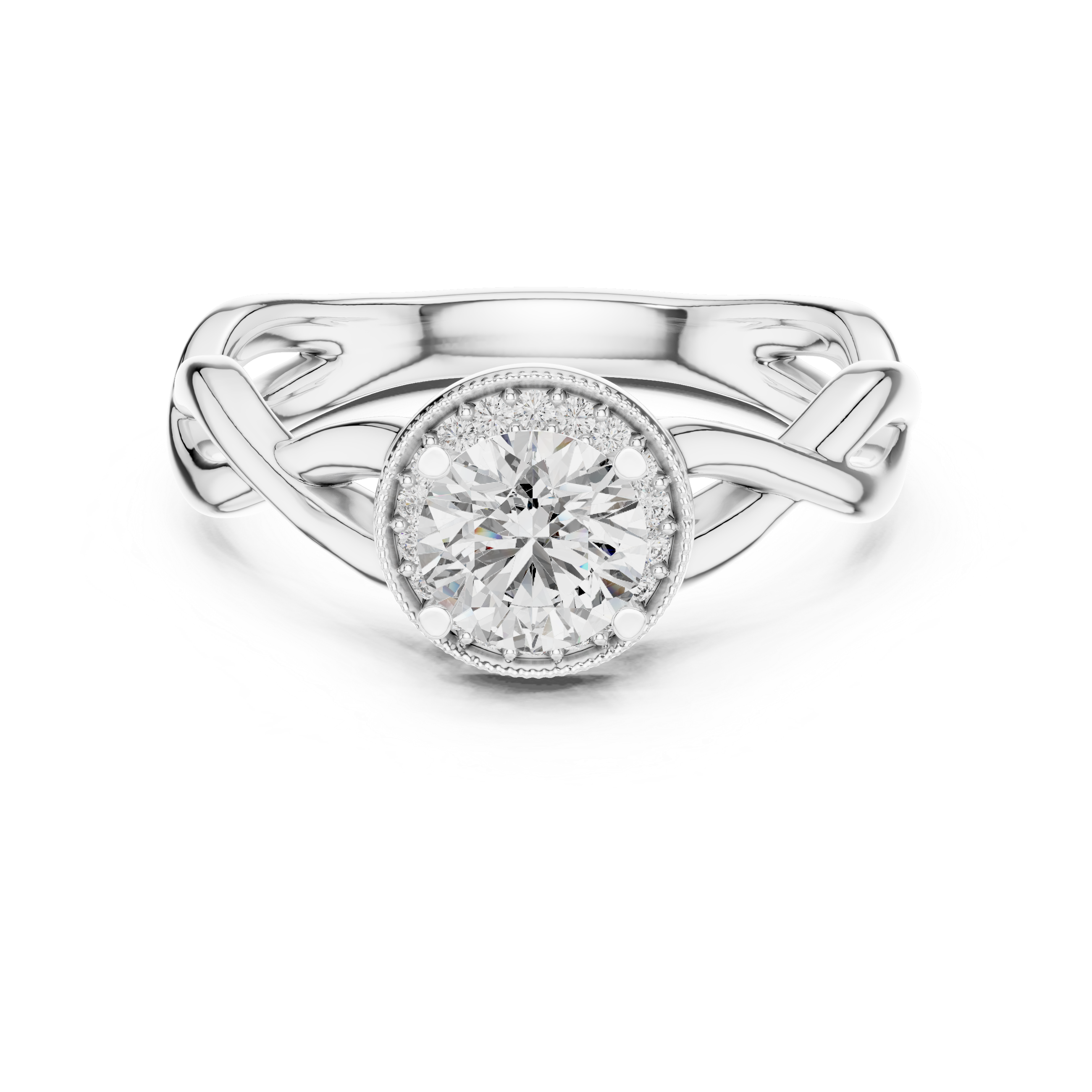 White gold round cut moissanite halo ring front detailed shot