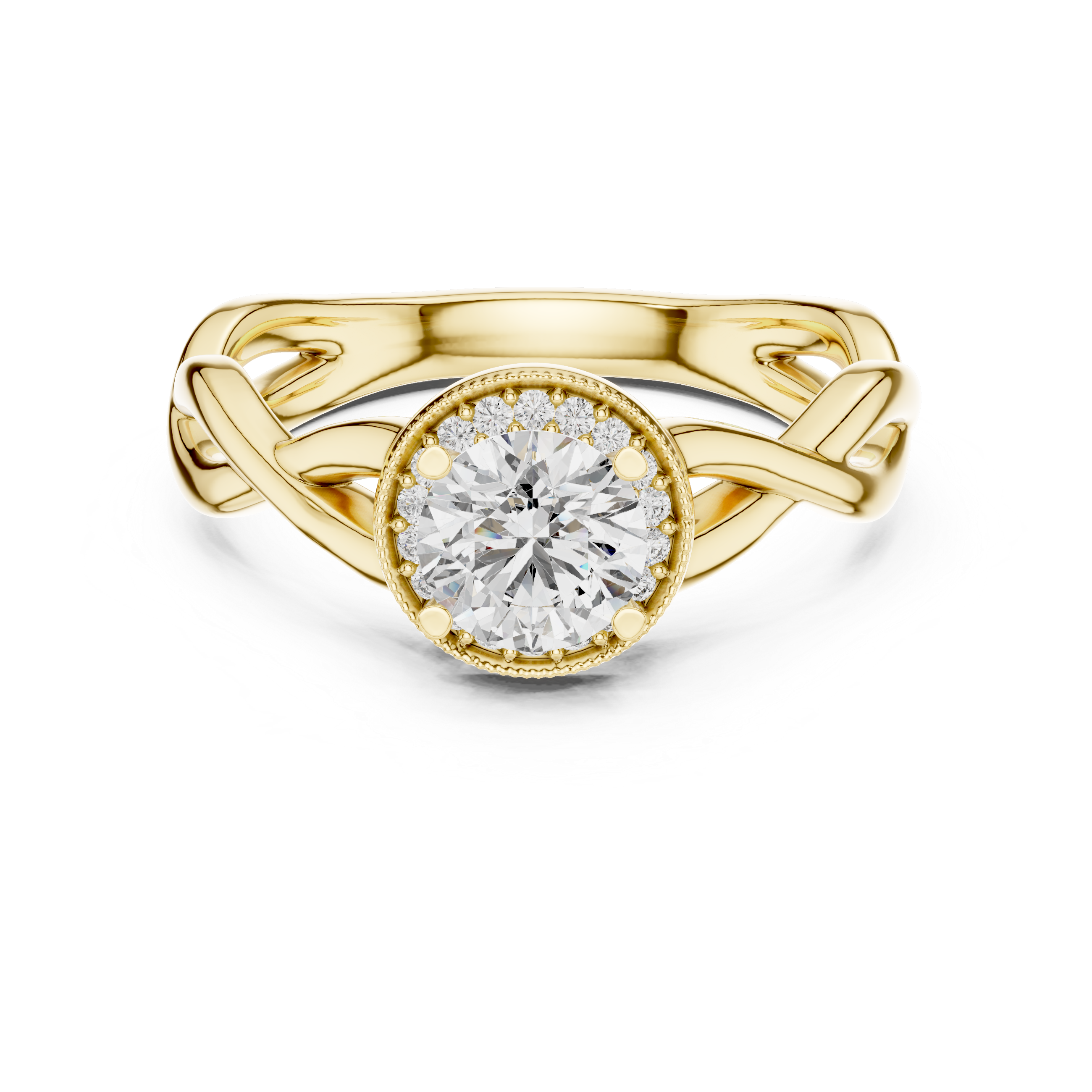 Yellow gold round moissanite engagement ring with halo setting front view