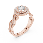 Rose gold halo setting diamond ring side profile view
