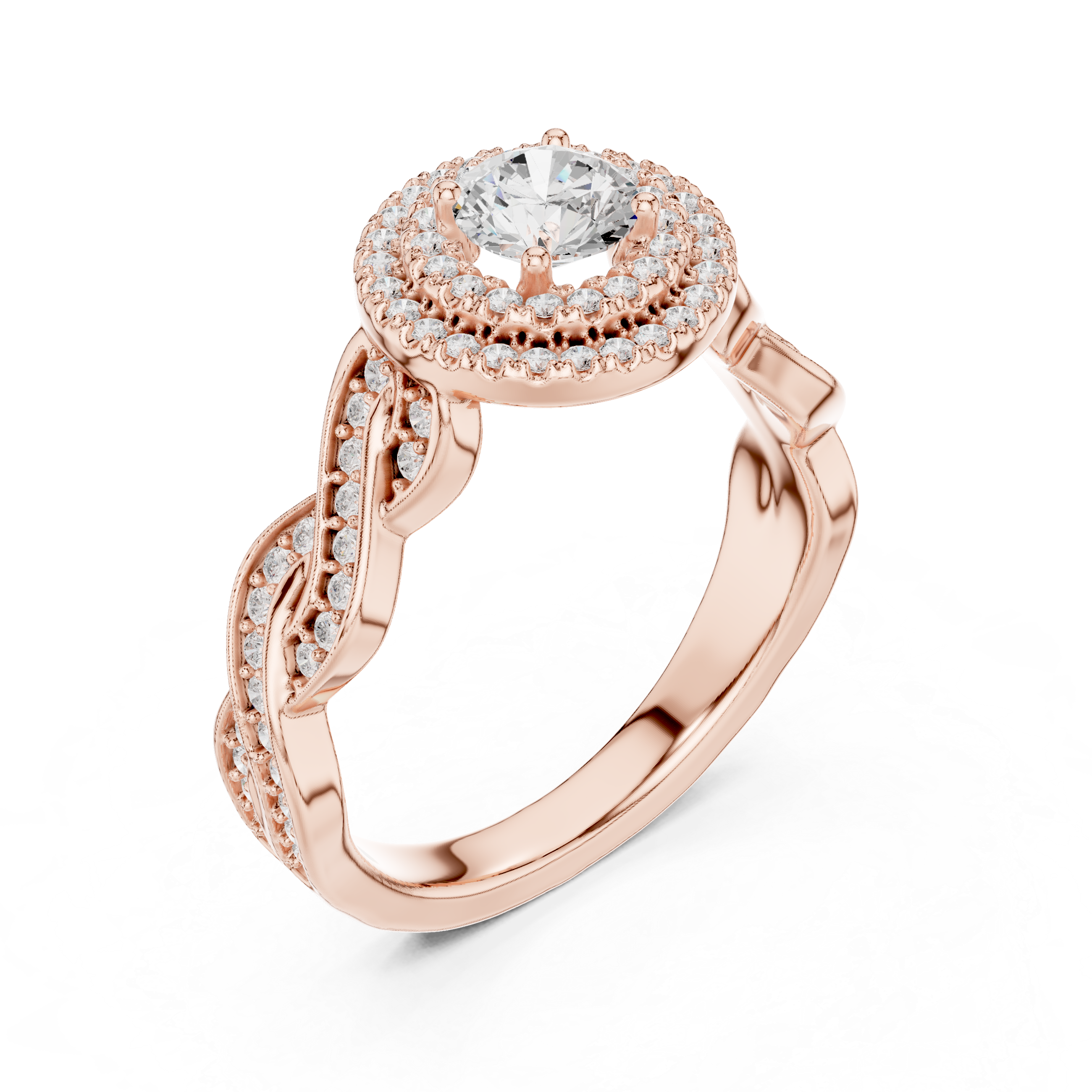 Rose gold halo setting diamond ring side profile view
