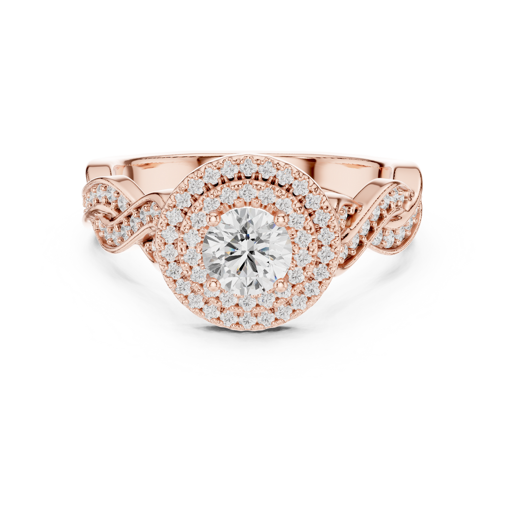 Rose gold double halo diamond ring with twisted infinity band top view
