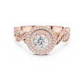 Rose gold double halo diamond ring with twisted infinity band top view
