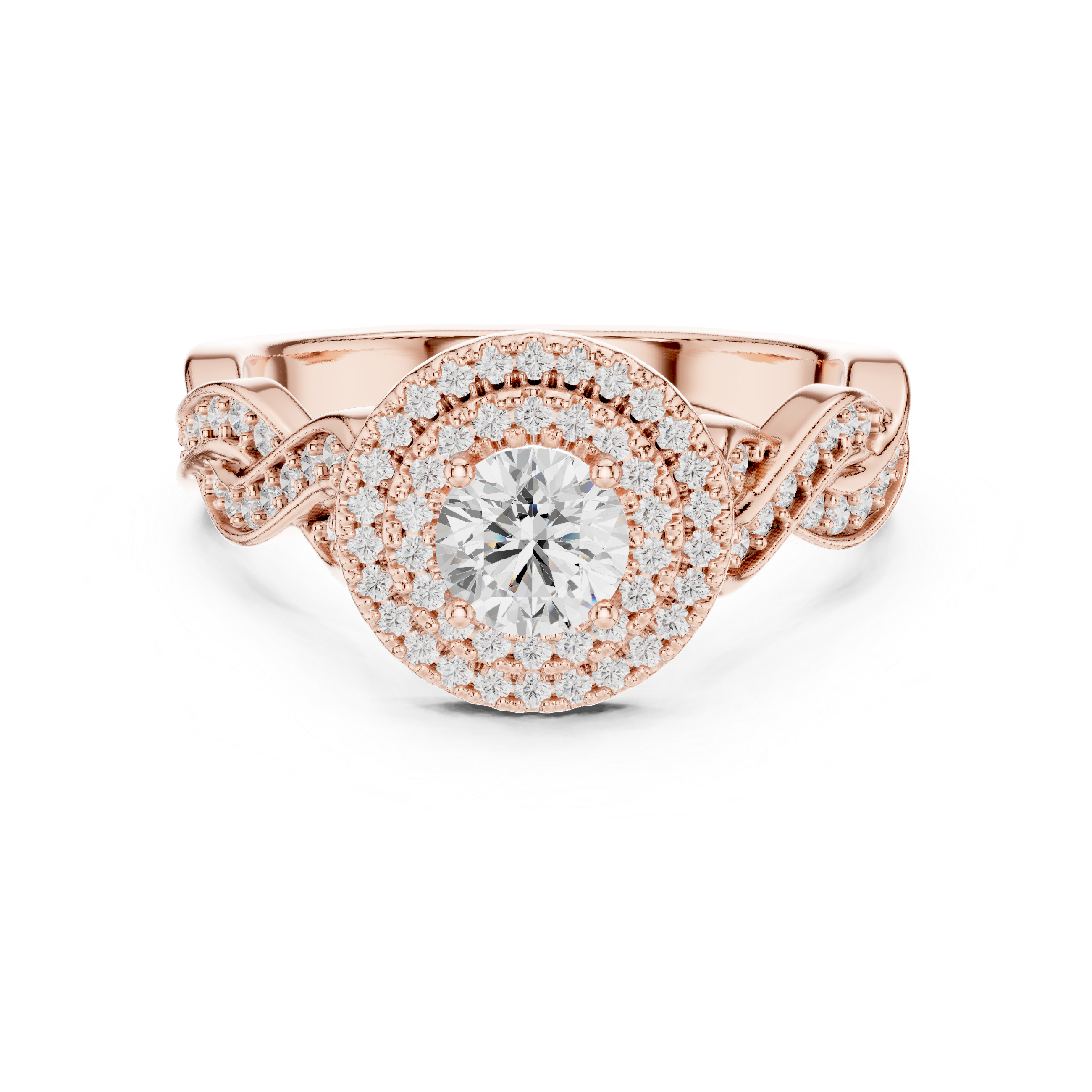 Rose gold double halo diamond ring with twisted infinity band top view
