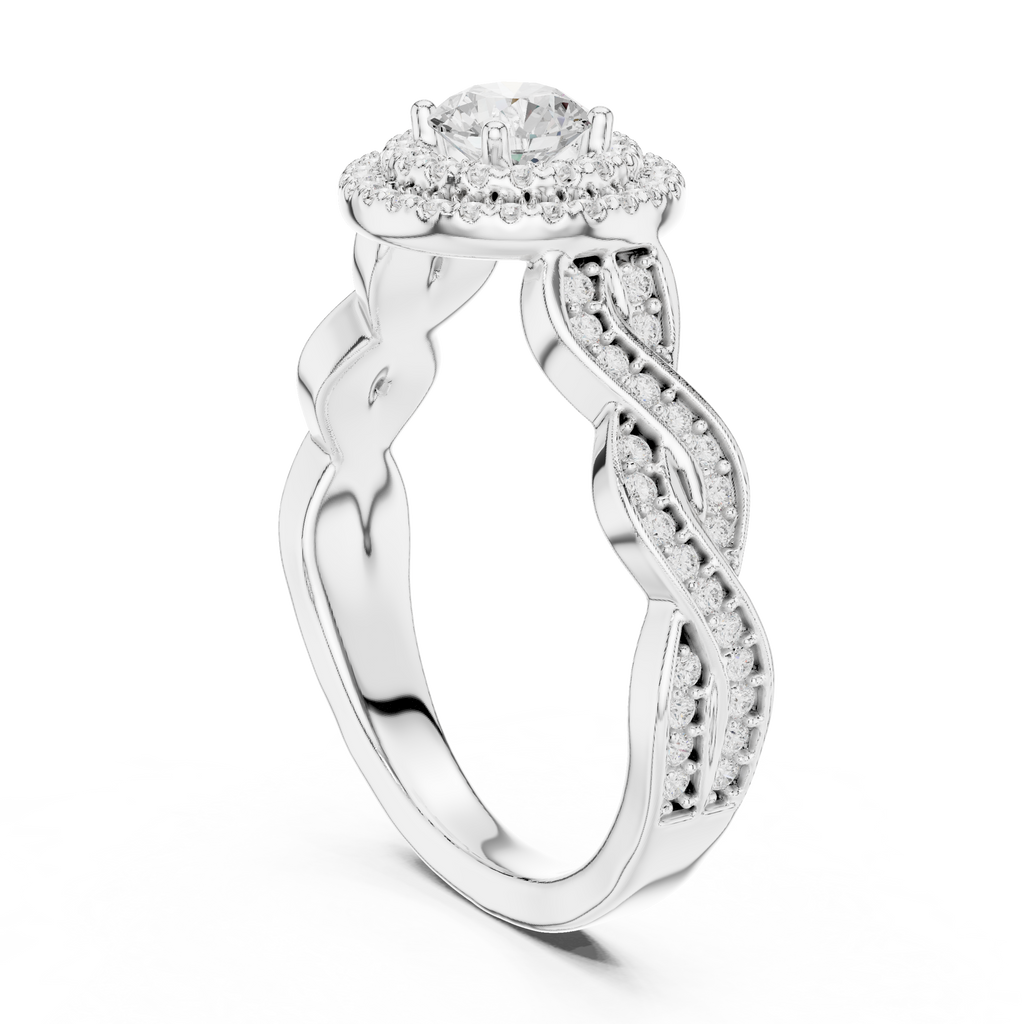 White gold luxury bridal ring with twisted diamond band

