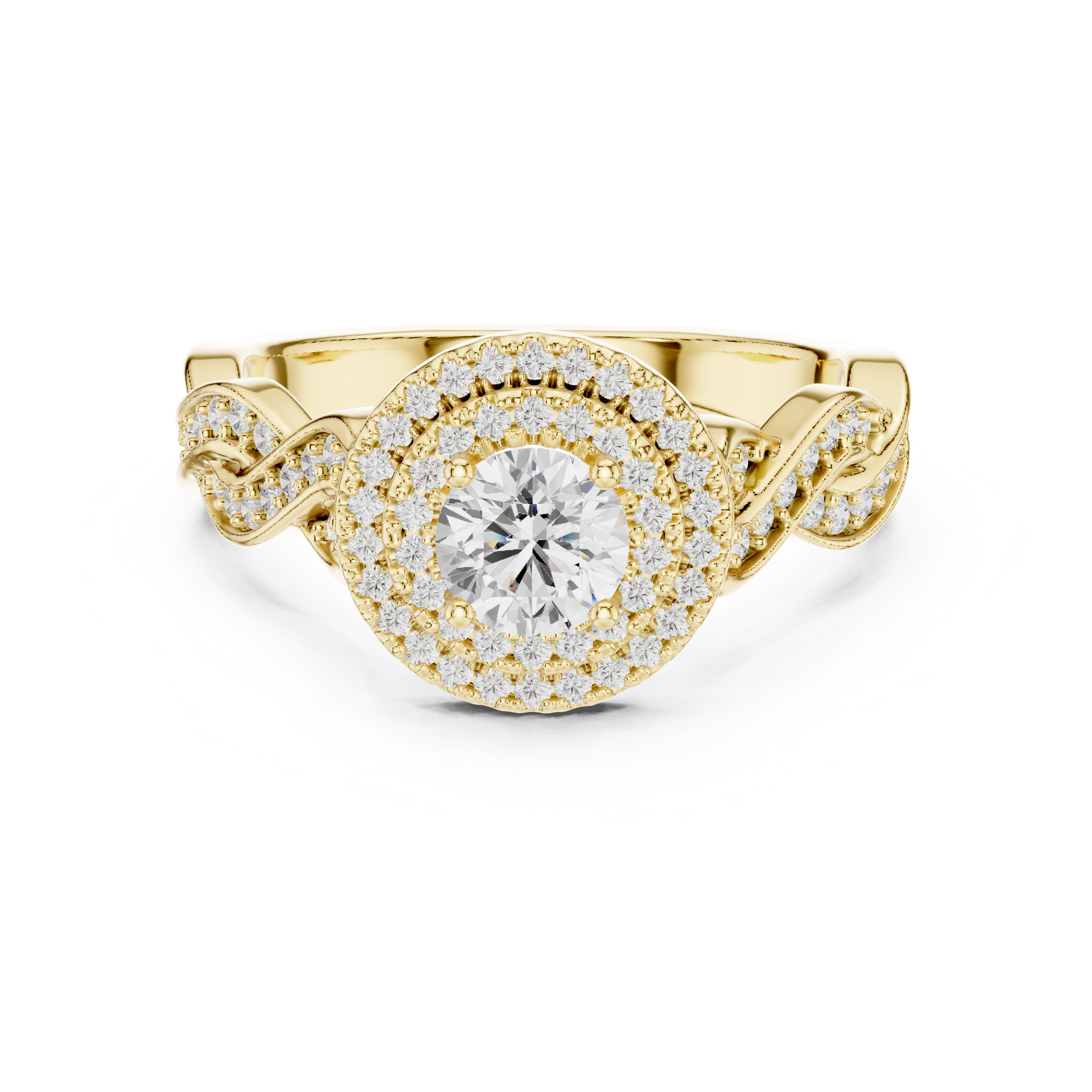 Yellow gold round diamond halo engagement ring front view
